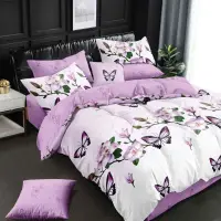 Lenjerie pat dublu cu ELASTIC, Finet, 6 piese, Alb, Lila, fluturi