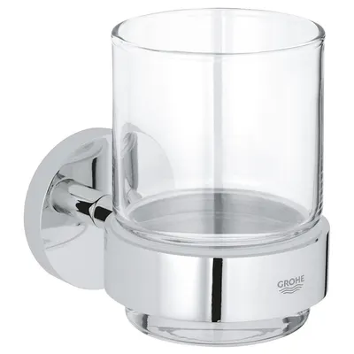 Pahar de sticla cu suport Grohe Essentials Cube 41194000, pe perete, metal/sticla, Crom