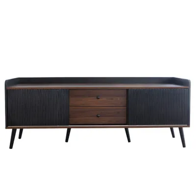 Comodă TV cu 2 sertare, uși glisante cu dungi și picioare stabile din lemn, 160x40x58 cm, Negru