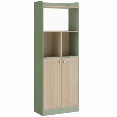 HOMCOM Bibliotecă cu 5 niveluri, mobilier de depozitare, raft pentru cărți cu 2 uși, 60 x 30 x 161,2 cm verde și lemn natural | Aosom Romania