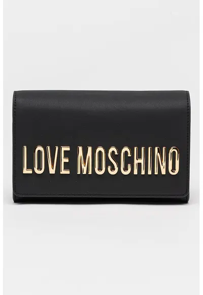 Geanta crossbody de piele ecologica cu bareta din lant si logo metalic - Negru
