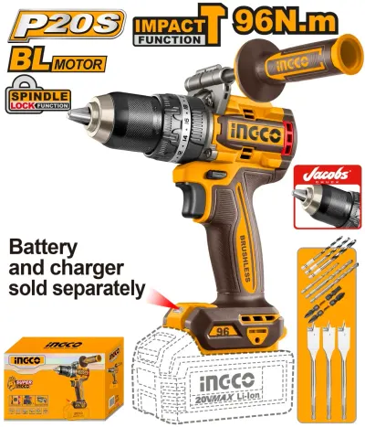 Masina de Gaurit si Insurubat cu Impact 20V INGCO CIDLI209685, 96Nm, brushless, 2 viteze 0-550/2100 rpm, 31500 bpm, mandrina metalica 13 mm, fara acumulator si incarcator