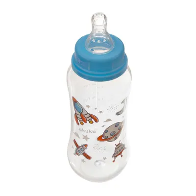 Biberon anticolici Akuku 250ml Space Blue cu tetina din silicon,materiale sigure fara BPA,capac cu filet etans care impiedica varsarea