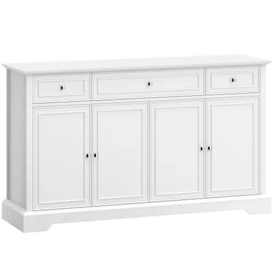HOMCOM Bufet de living, mobilier de depozitare cu 3 sertare, 4 uși cu închidere silențioasă și etajere reglabile, alb | Aosom Romania