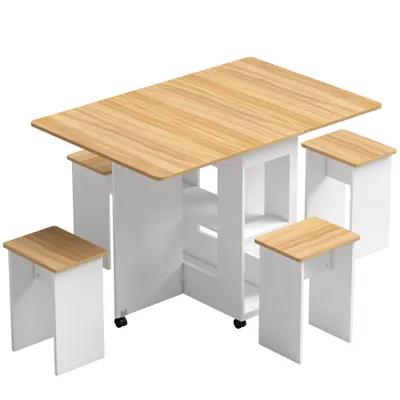 HOMCOM Set masă de dining pliantă cu 4 taburete ascunse, 2 extensii rabatabile, roți, rafturi, stejar | Aosom Romania