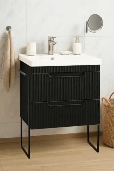 Set Baza front MDF si Lavoar seria 733, cadru metalic, sertare, montata, 60 cm, negru