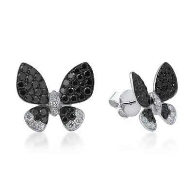 Cercei fluture din aur alb-negru cu diamante incolore de 0.34ct si diamante negre de 1.43ct