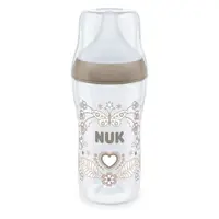 Biberon polipropilena cu tetina silicon si control de temperatura Nuk PM 260 ml 3 luni + M Heart