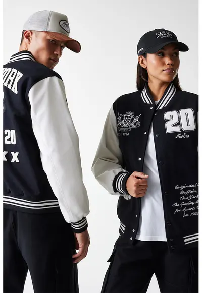 Jacheta Varsity unisex din amestec de lana cu aplicatie - Alb/Albastru ultramarin