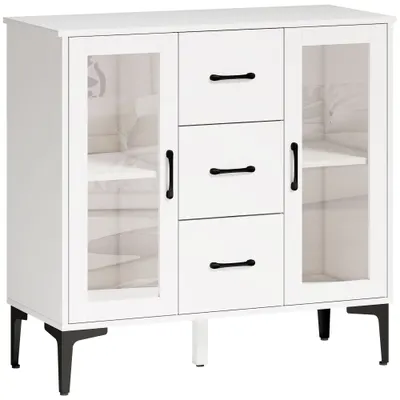 HOMCOM Bufet modern cu uși Soft-Close, bufet cu 3 sertare, 2 uși din sticlă, rafturi reglabile, MDF, Alb | Aosom Romania