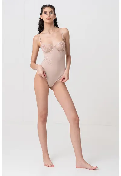 Body modelator cu insertii de dantela - Bej inchis