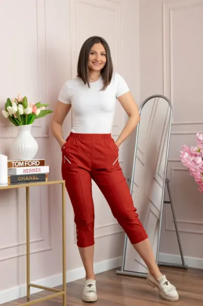 Pantaloni dama 3 4 Jenny caramizii cu talie elastica si fermoare decorative