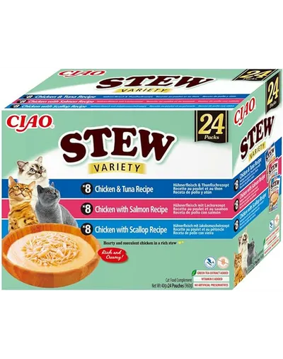 INABA Cat Ciao Stew Creamy Variety 24×40 g Mix de gustări cu pui, pește și scoici în sos cremos pentru pisici
