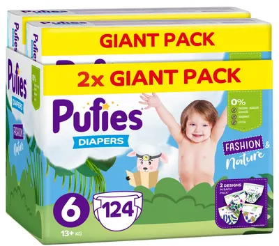 Scutece Pufies Fashion & Nature - Mărimea 6, 124 buc, 13+ kg, Giant Pack x 2
