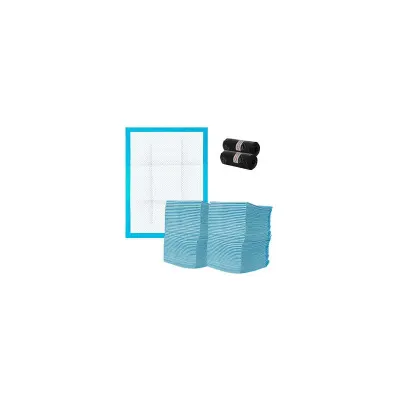 Set 100 covorase absorbante pentru catei, 30 saci inclusi, 33x45cm, alb/albastru