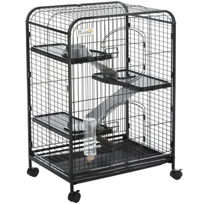 PawHut Cusca Animale Mici Rozătoare Roti 3 Rampe Platforme Bol Sticlă 61.5x44x95cm Neagră | Aosom Romania