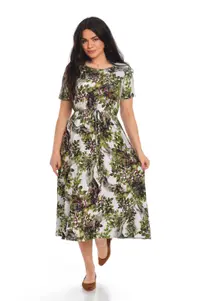 Rochie snur talie ERV21V165 alb/verde imprimeu frunze, Eranthe | marimea S