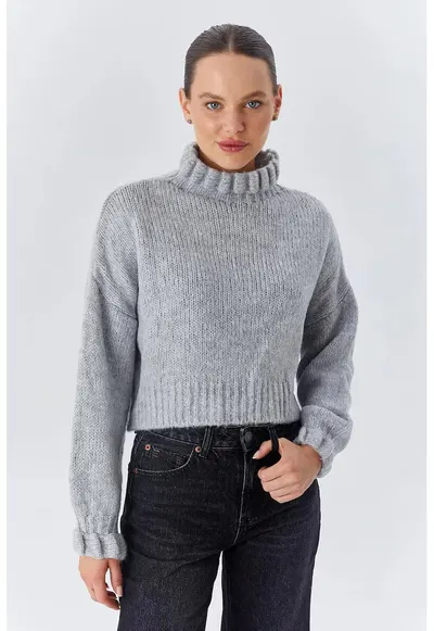 Pulover dama - scurt - texturat - gri - tricot - One Size
