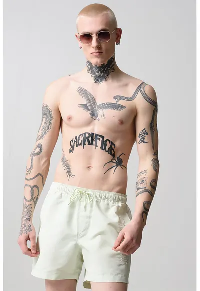 Pantaloni scurti de baie cu talie ajustabila - Verde pal