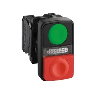 Buton cu Cap dublu Luminos Verde Incastrat/Rosu Aparent Ø22 1Nd+1Ni 120V