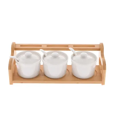 Set 3 recipiente ceramice cu lingurite si suport bambus