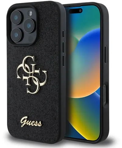 Husă Guess - PU Fixed Glitter 4G Metal Logo, iPhone 16 Pro, negru