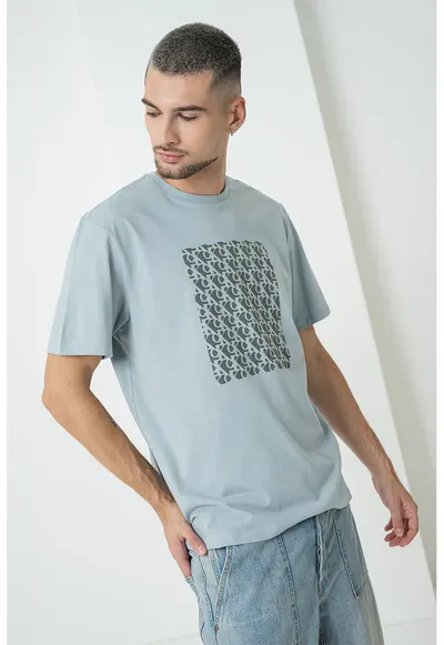 Tricou lejer din bumbac cu monograma - Gri deschis/Gri inchis