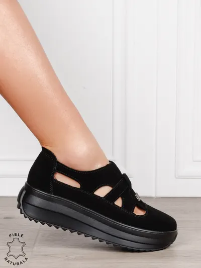 Sandale dama din Piele Naturala Intoarsa cu talpa inalta CRL1558 negru
