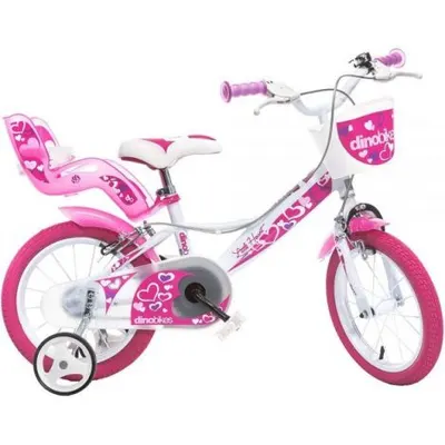 Bicicleta copii 3-5 ani, 14 inch, Little Heart Alb Si Roz, Dino Bikes DB144RN05LHWP