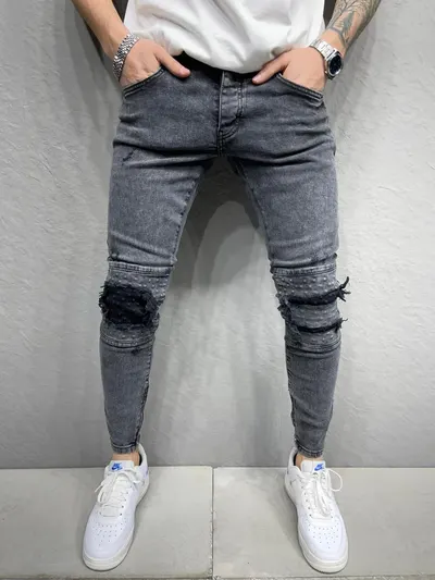 Blugi Slim Zipper&patches Grey Bgas782(6819) (mărime: 31)