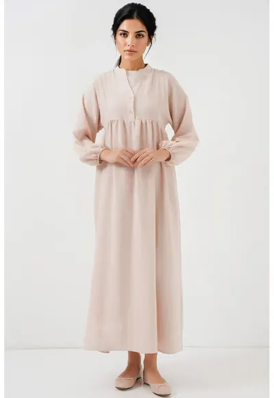 Rochie maxi dama - HiCCUP - poliester - decolteu in V si nasturi - bej
