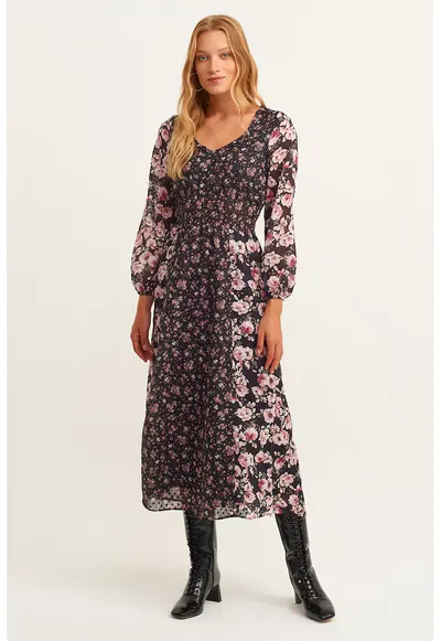 Rochie evazata cu imprimeu floral - Negru/Roz