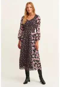 Rochie evazata cu imprimeu floral - Negru/Roz