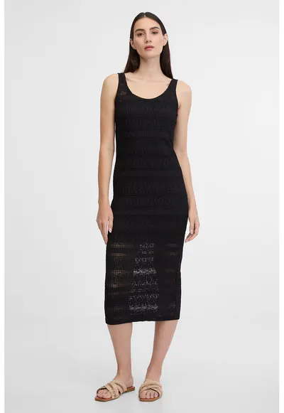 Rochie midi cu perforatii si decolteu rotund - Negru