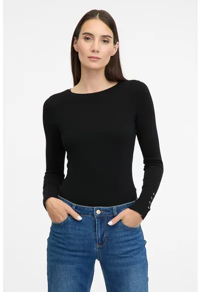 Pulover slim fit cu mansete cu nasturi - Negru