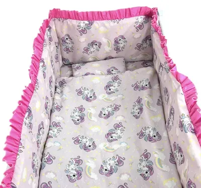 Lenjerie de pat 3 piese cu cearceaf plapumioara si pernuta slim 140x70 cm Croitoria Noastra unicorni Roz