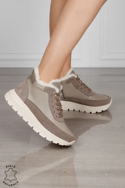 GHETE DAMA din PIELE Naturala Combinata cu Piele intoarsa CRL1523KHAKI
