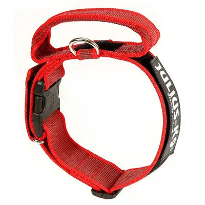 Zgarda caini, rosie, reglabila, cu maner si inchidere siguranta, 49-70 cm x 5 cm
