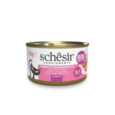 SCHESIR Complementary In Broth, Ton și Șuncă, conservă hrană umedă pisici, (în supă), 70g