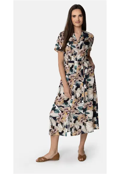 Rochie-camasa lunga din viscoza cu model floral - maneci scurte - decolteu in V - cu curea in talie - G-Atalya - Multicolor