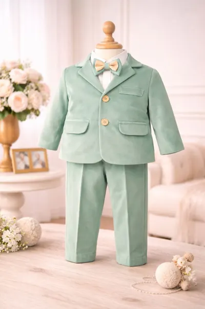 Costum baieti botez catifea Mathias - turcoaz