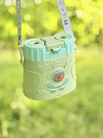 Sticla de Apa pentru Copii, Model Binoclu, cu Pai, Stickere si Bareta, Verde, MIX14837