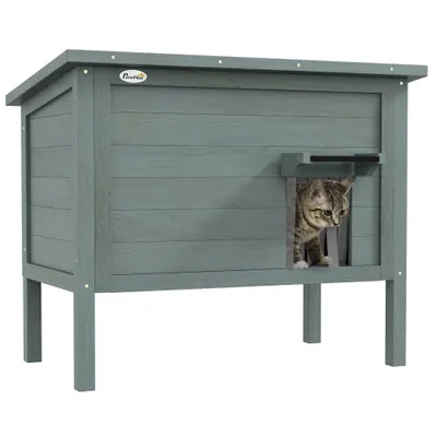 PawHut Casa pentru pisici adăpost de exterior din lemn ridicată cu acoperiș deschis izolată 85 x 50 x 68,5 cm gri închis și negru | Aosom Romania