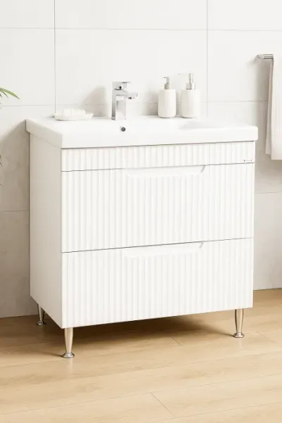 Set Baza front MDF si Lavoar seria 733, cu sertare, montat, 80 cm, alb rustic