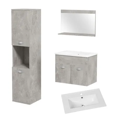 Set de Mobilier de Baie din 3 Piese, Montare pe Perete, cu Dulap cu Oglinda, Dulap de Depozitare Inalt, Gri Kleankin | Aosom Romania