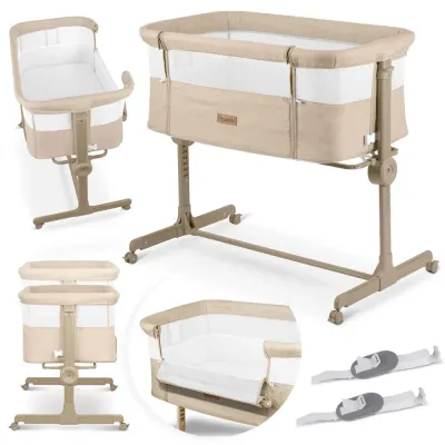 Patut co-sleeper Nukido Bej cu laterala culisanta,roti cu frane,inaltime reglabila,materiale respirabile, curele de fixare la patul parintelui,pozitie antireflux,saltea inclusa