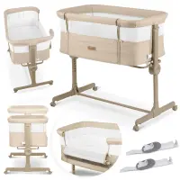 Patut co-sleeper Nukido Bej cu laterala culisanta,roti cu frane,inaltime reglabila,materiale respirabile, curele de fixare la patul parintelui,pozitie antireflux,saltea inclusa