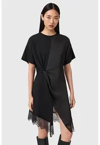 Rochie asimetrica cu detaliu rasucit si dantela Lana - Negru