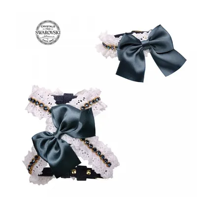 Ham elegant, albastru jeans, decorat cu dantela si lantisor din cristale Swarovski, dimensiune XXS