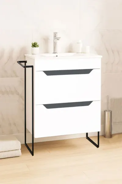 Set Baza front MDF si Lavoar seria 056, cu sertare, cadru metalic, 50 cm, alb + antracit